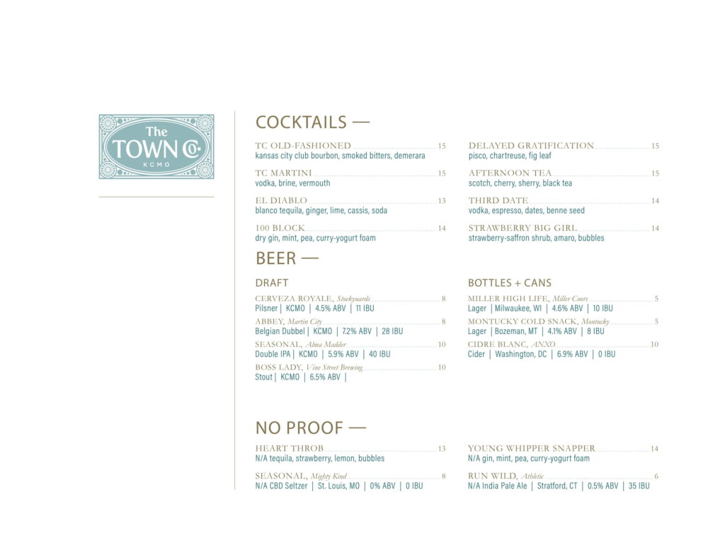 The Town Company cocktails menu