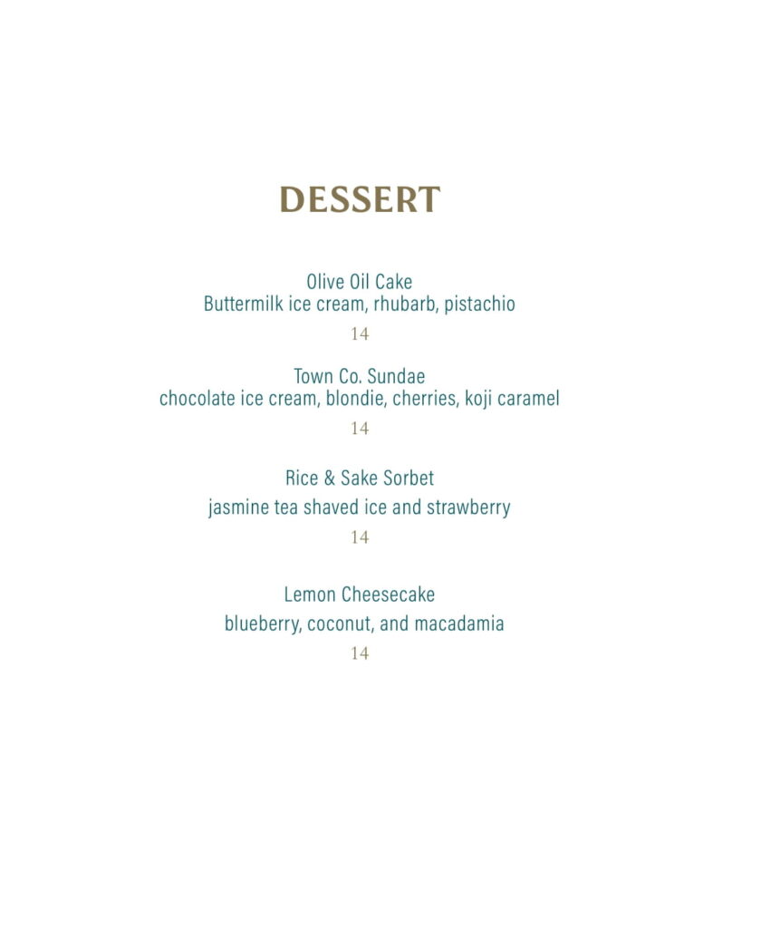 The Town Company dessert menu'