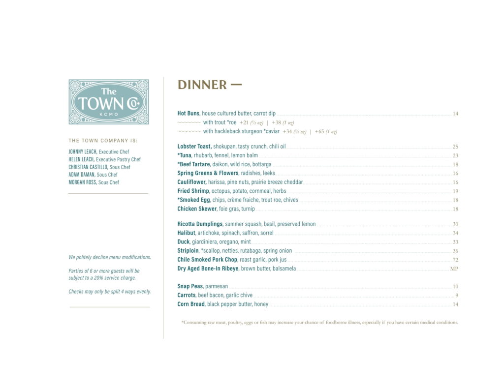 The Town Company dinner menu