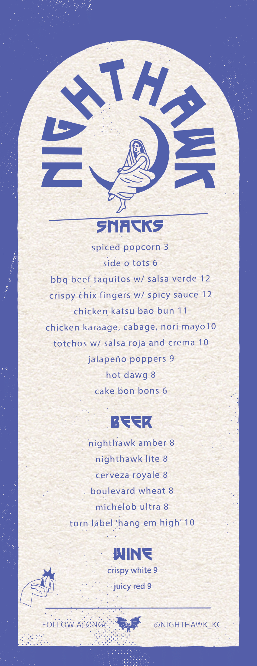 Nighthawk Snacks, Beer, and Wine Menu